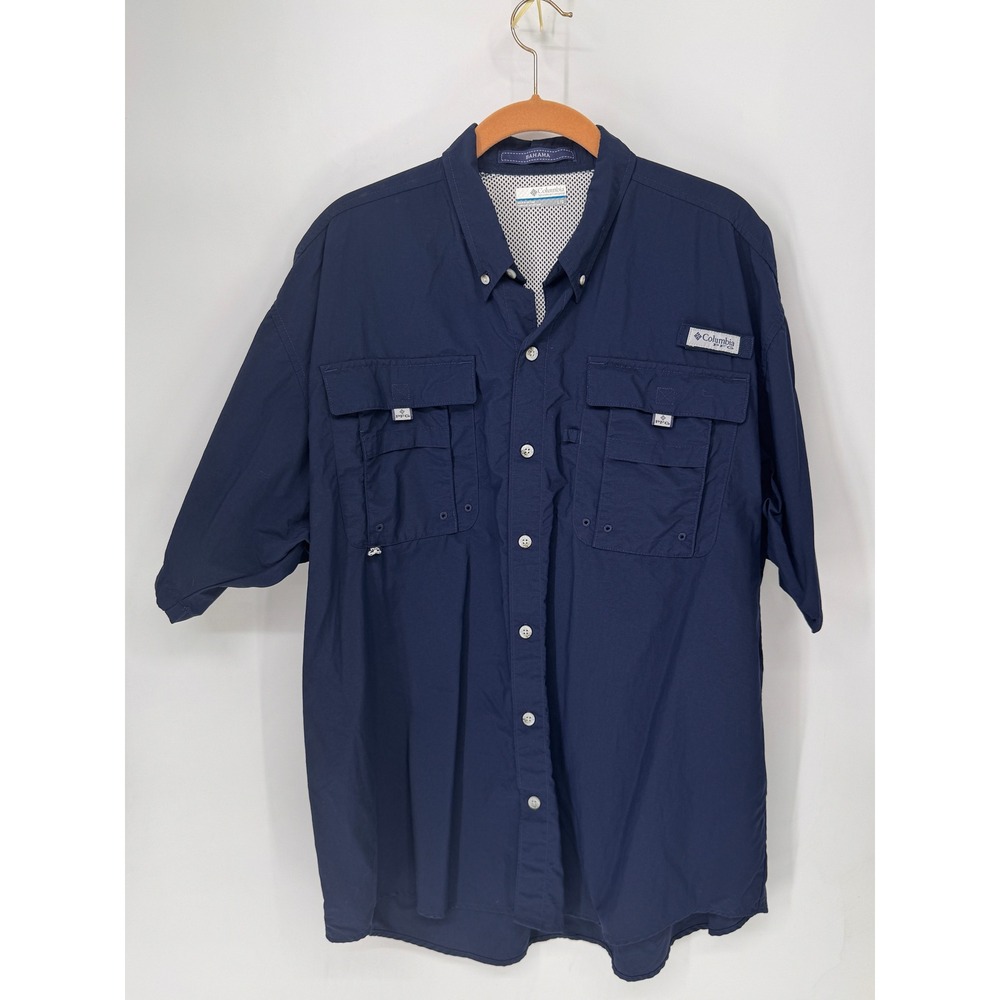 Columbia Fishing Shirt Mens L Blue Bahama II PFG Short Sleeve Vented UPF 30